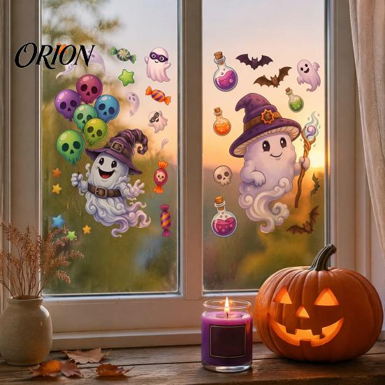 Home Window Ornaments Halloween Cartoon Cling Stickers, Ghost Pumpkin Candy Glass Decals, Self-Adhesive Removable Party Venue Backgrounds Art