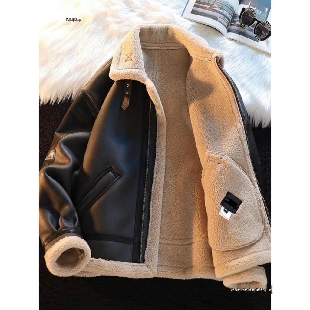 Unisex Retro Lambswool Motorcycle Jacket - Thickened Velvet Leather for Autumn & Winter