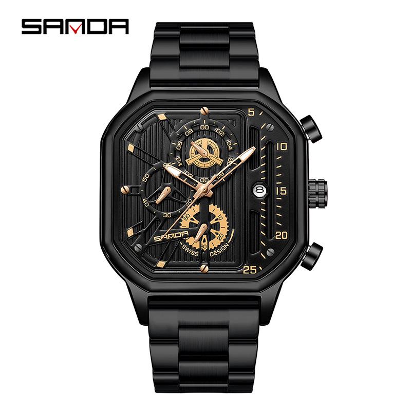 Sanda Men s Square Quartz Waterproof Watch with Calendar and Six Hands