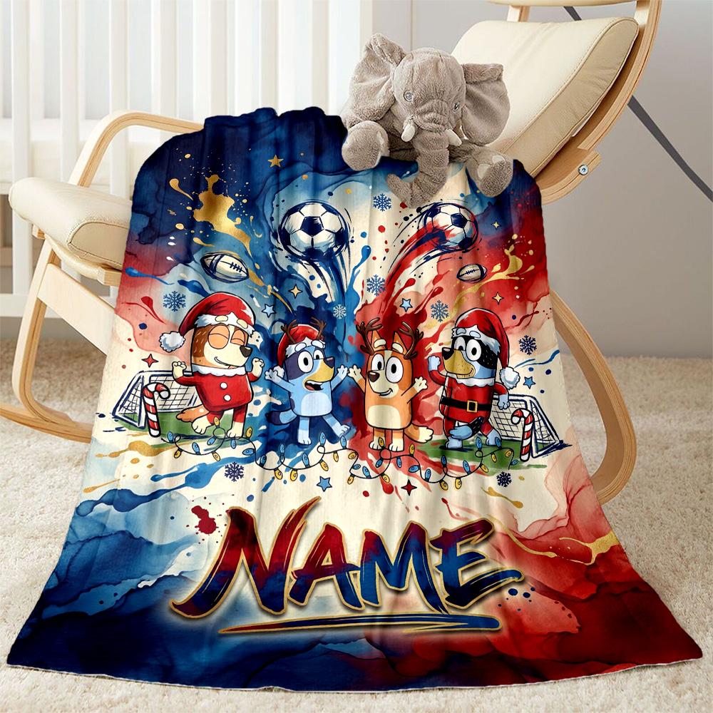 Bluey's Soccer Adventure Customize Your Name Blanket Gift Personalized Blanket Comfortable Versatile for Office Chair Couch Nap Picnics