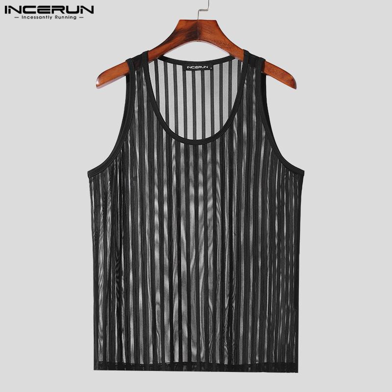 INCERUN Men Sleeveless See Through Vest Mesh Striped Tank Tops