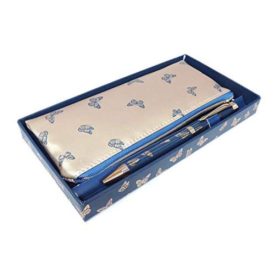 Ballpoint Pen Set Gift Black Butterfly and Floral British Import (2 Pens) Stationery, Ink, Design, Gift, (Blue)