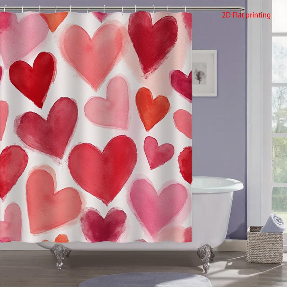 Watercolor Heart Shower Curtain Pink Red On Waterproof Polyester Bath Curtain With Hooks For Valentine'S Day Bathroom Decor