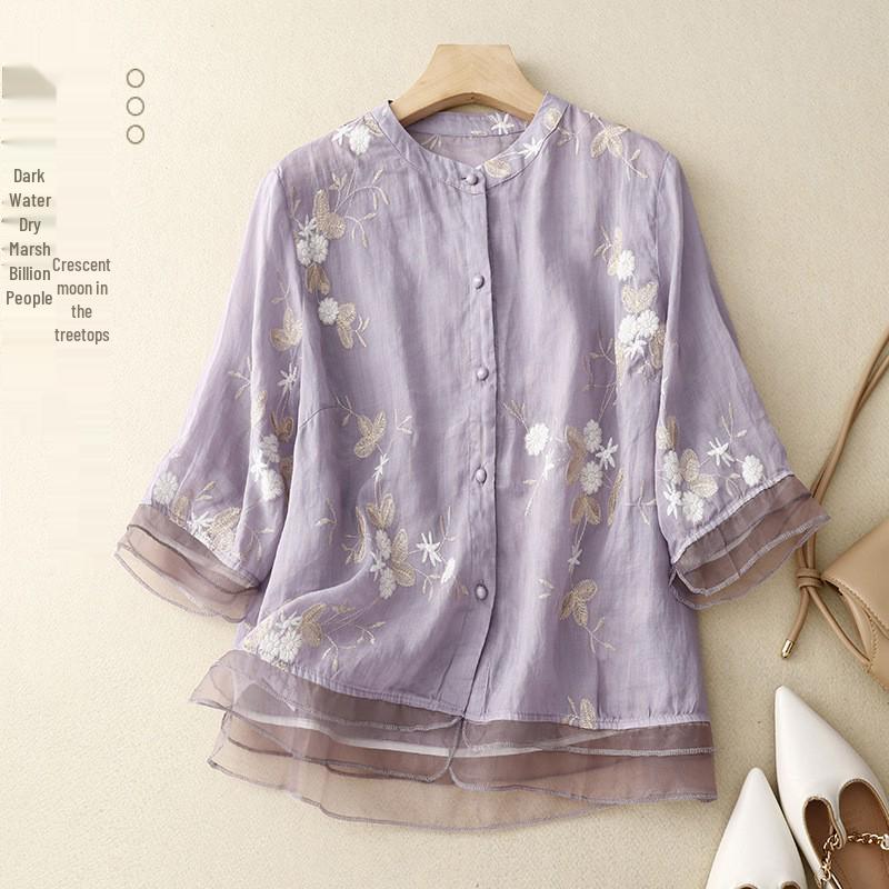 Artistieke Retro Kant Patchwork Dames Top: Katoen-linnen blouse met zeven mouwen en zware borduurwerken.