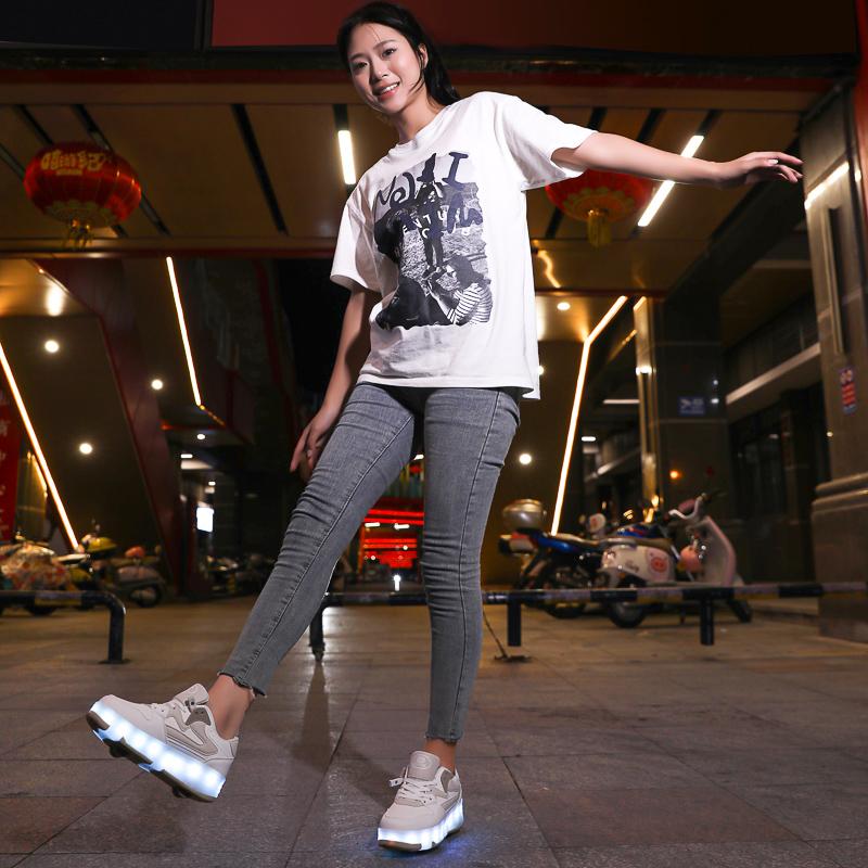 29-40 Kid's Lights Sports Shoes Rubbing Shoes Solid Magic Patch Can Charging Double-row Four-wheel Luminous Children Shoes