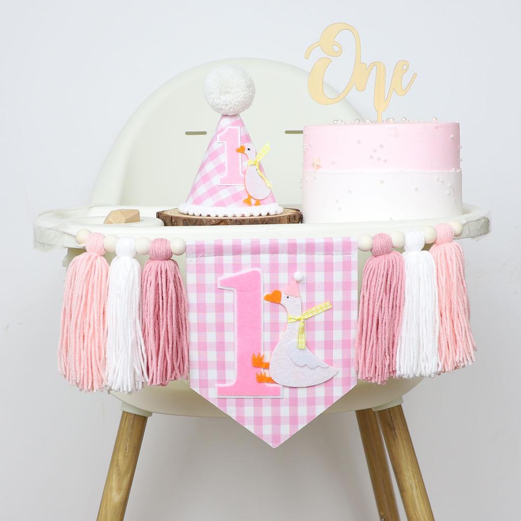 1st Birthday Highchair Banner Goose Theme Blue Ginghams Tassel Banner Hat Photo Prop for Boy Girls Birthday Party Decorations