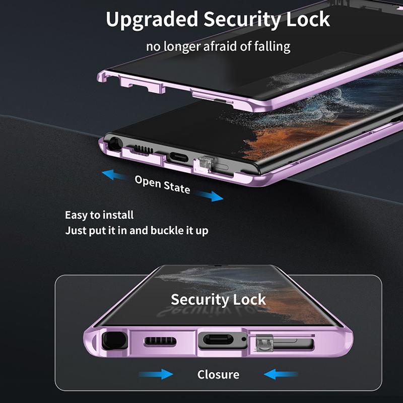 Metalowa dwustronna szklana obudowa z zatrzaskiem 360 pełna ochrona do Samsung Galaxy S22 S23 Ultra S23 Plus osłona obiektywu