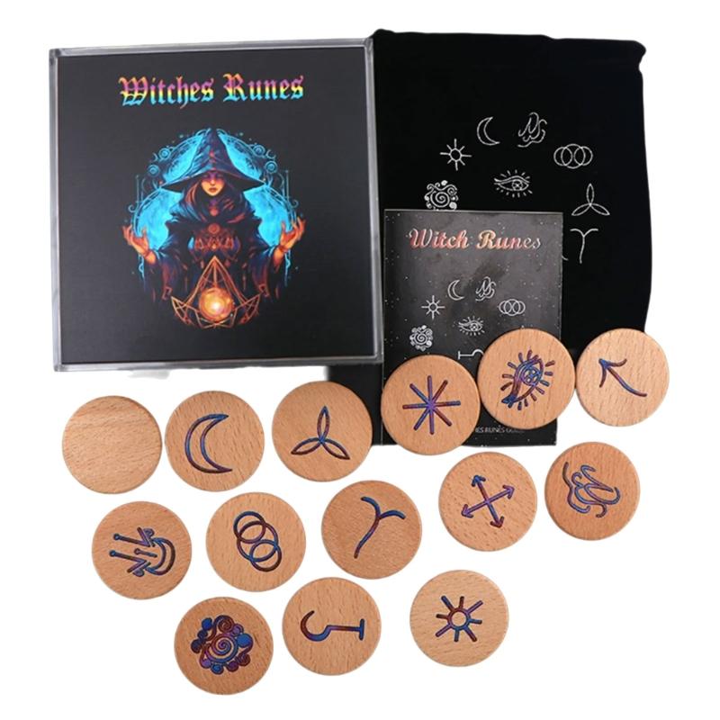 Hand Carved Wooden Runes Symbols Set Divination Runes Stone with Instruction and Storage Bag Heal Gift Decoration