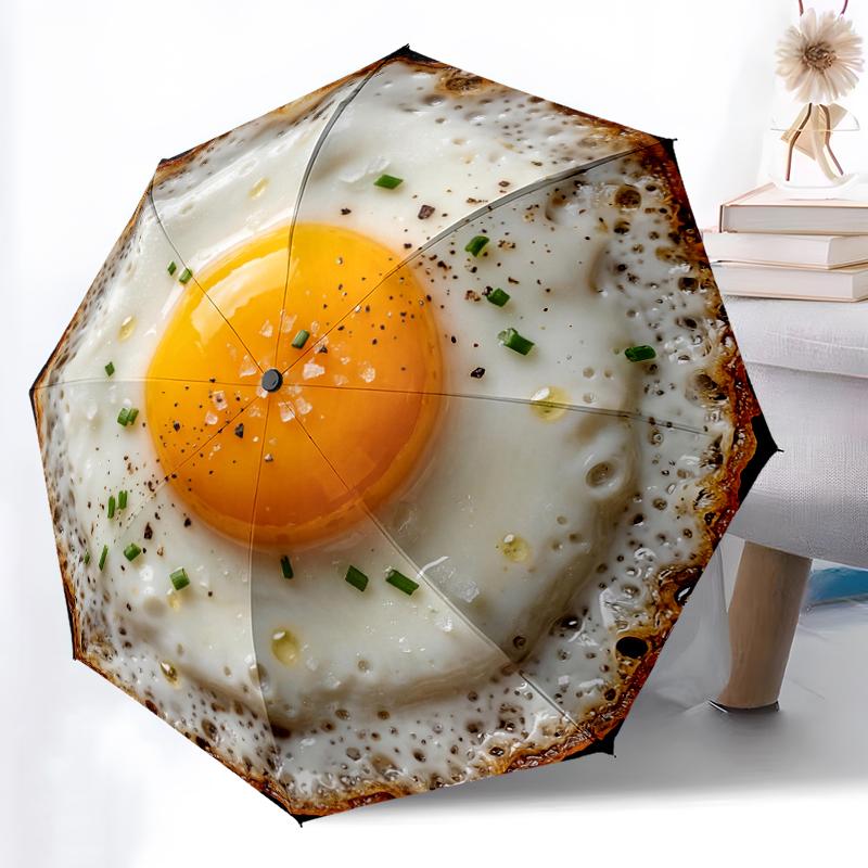 1pc Sturdy 8-Bone Auto Umbrella, Fried Egg Umbrella, Digital Printed, Foldable Umbrella for On-the-Go Outdoor Use