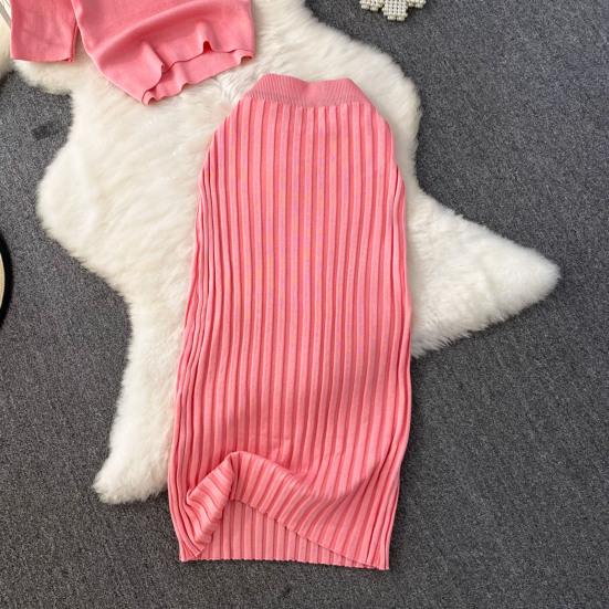 Women's Summer Skirt Set Short Sleeve Crew Neck Crop Top And High Waist Maxi Skirt Set Knitted Two Piece Outfit