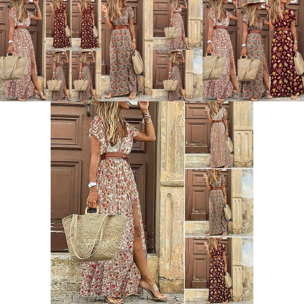Floral Women Summer Long Maxi Dress Ladies V Neck Boho Beach Holiday Sundress