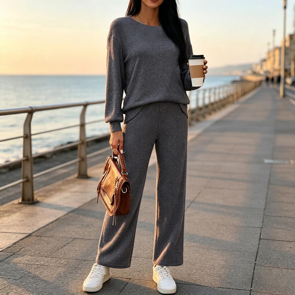 Women's Color Knit Loungewear Set Casual Relaxed Two-Piece Outfit