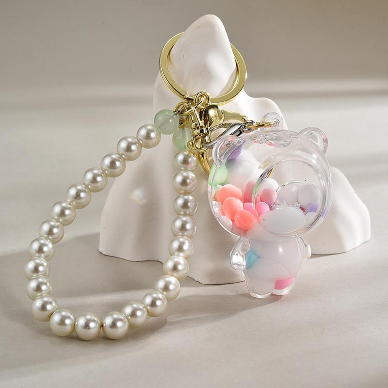 Acrylic Colorful Bead Bear Keyring With Pearl Chain For Children Gift And Celebration