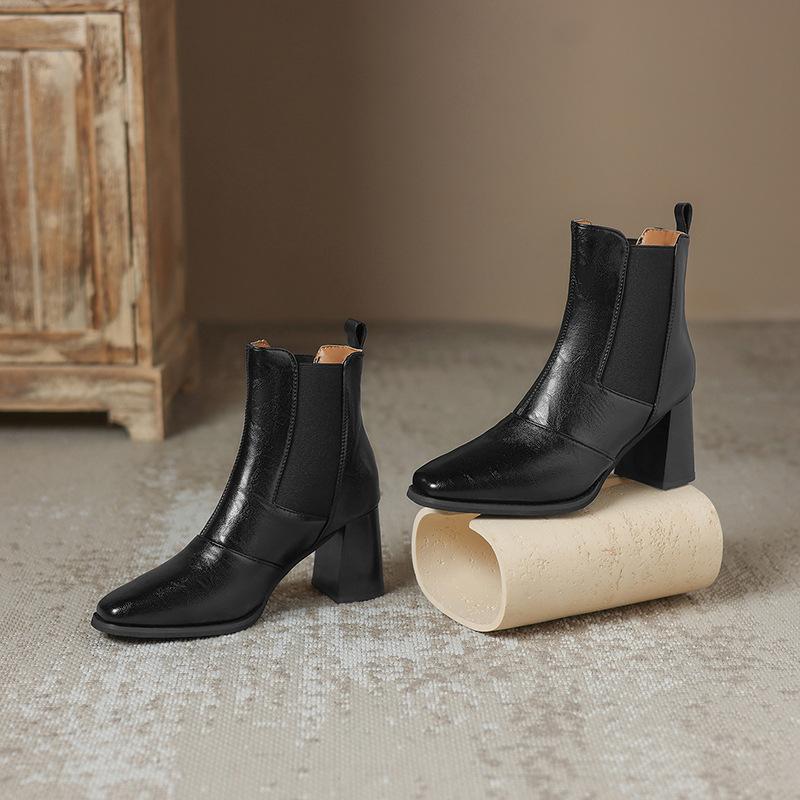 High Heel Short Boots Winter New Coarse Heel Brown Boots Women's Martin Boots Fashion Square Head Elastic Women's Leather Boots