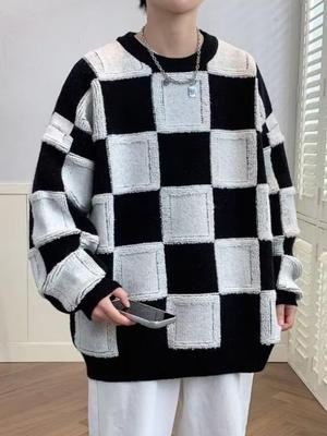 Men's Trendy Plaid Wool Sweater - Winter Fashion Knitwear, Loose Fit for Teens
