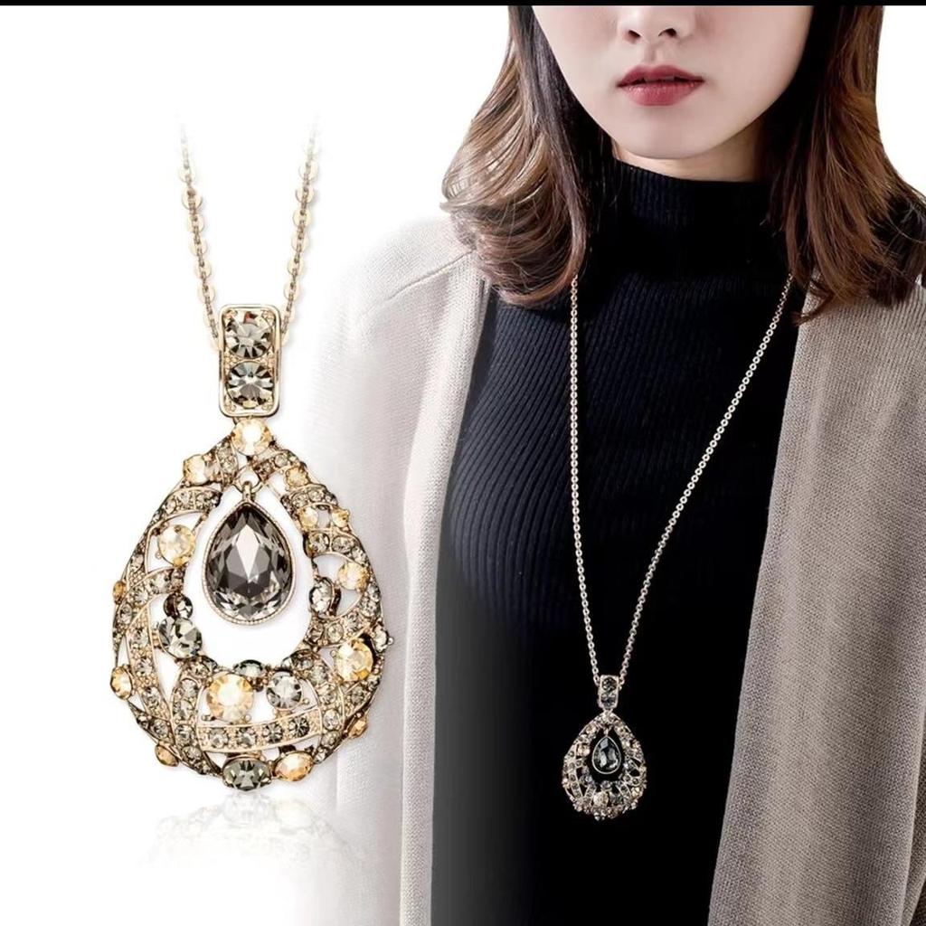 Korean Style Blue Crystal Round Pendant Necklace - Elegant, Versatile, Long Sweater Chain for Women, Perfect for Autumn/Winter