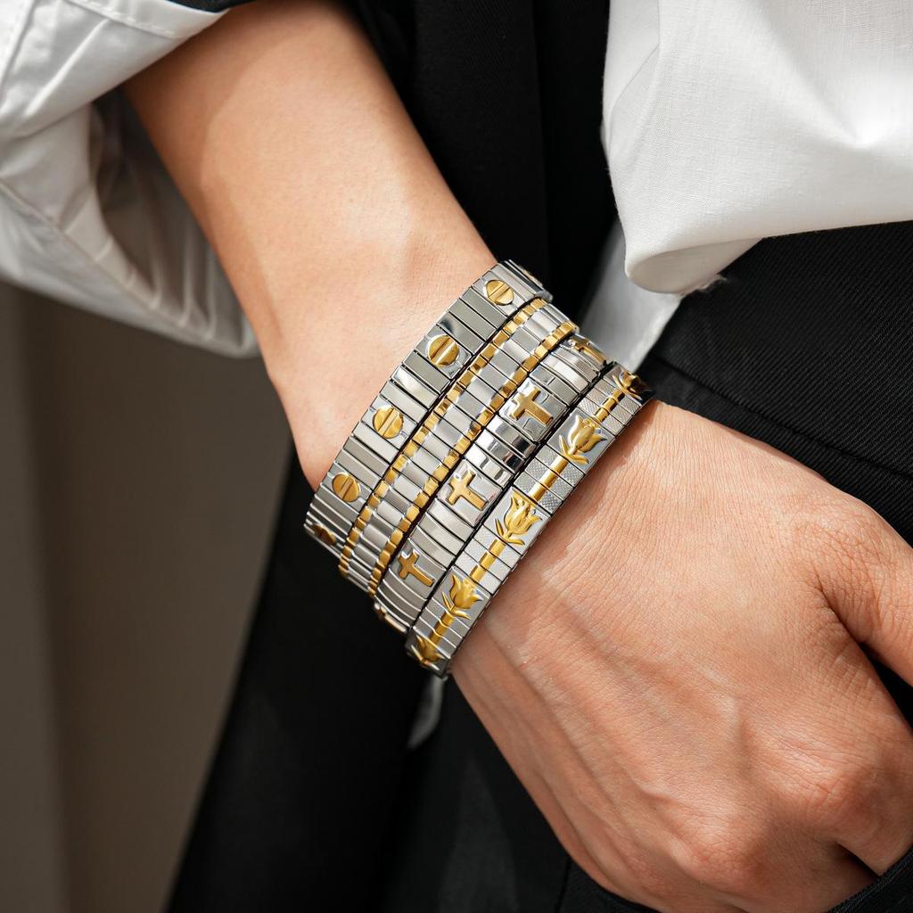 Brățară Elastică cu Nituri Geometrice în Formă de Cruce din Oțel Inoxidabil pentru Femei