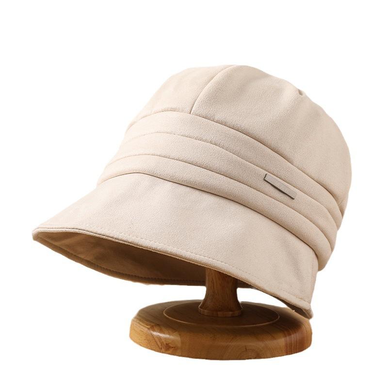 Hat Women's Autumn and Winter New Metal Standard Suede Cap Big Head Circumference Versatile Bucket Hat Shows a Small Face