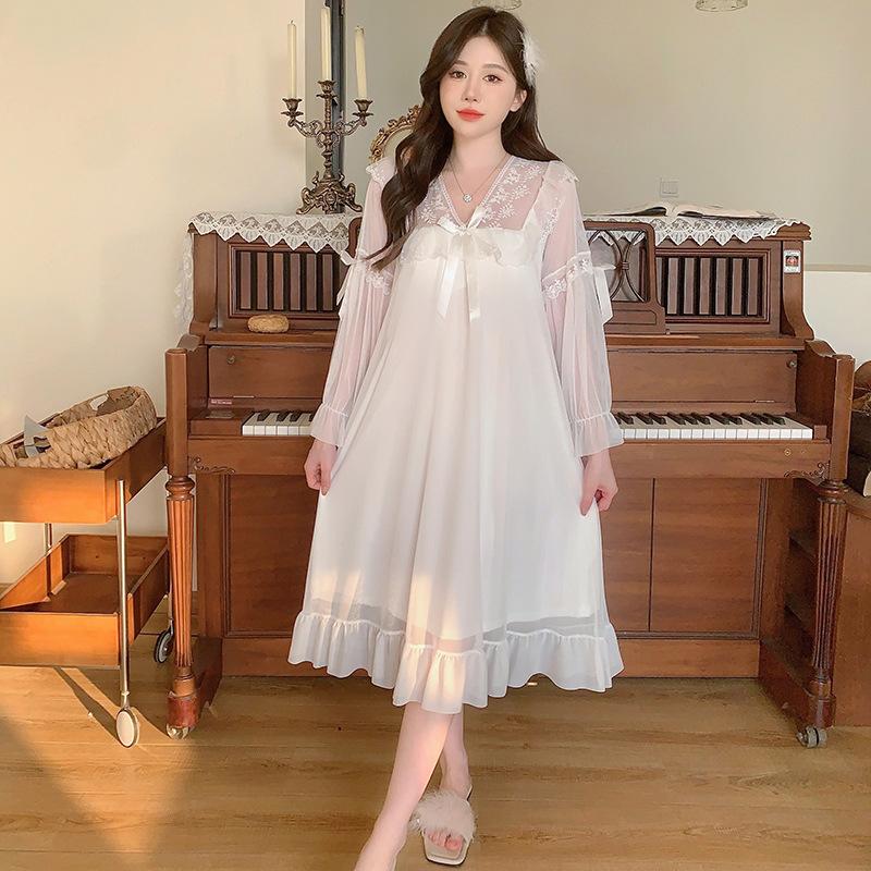 Ling Lei Autumn Solid Color Lace Bow Mesh Court Princess Style Long Nightdress Pajamas Loungewear Women