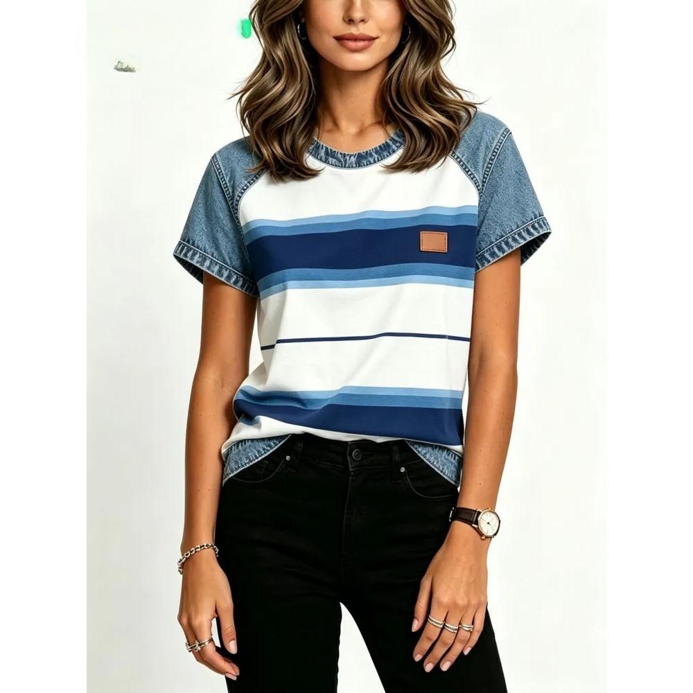 Summer Denim Pattern 3D Print Loose Short Sleeve T-shirt Breathable Women Casual Comfortable Creative Versatile Sports T-shirt