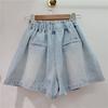 Damen Shorts Jeans Weiter Bein Kurze Hosen Elastischer Bund Knopf Diamanten Vintage Gewaschen Used Sommer Streetwear Denims