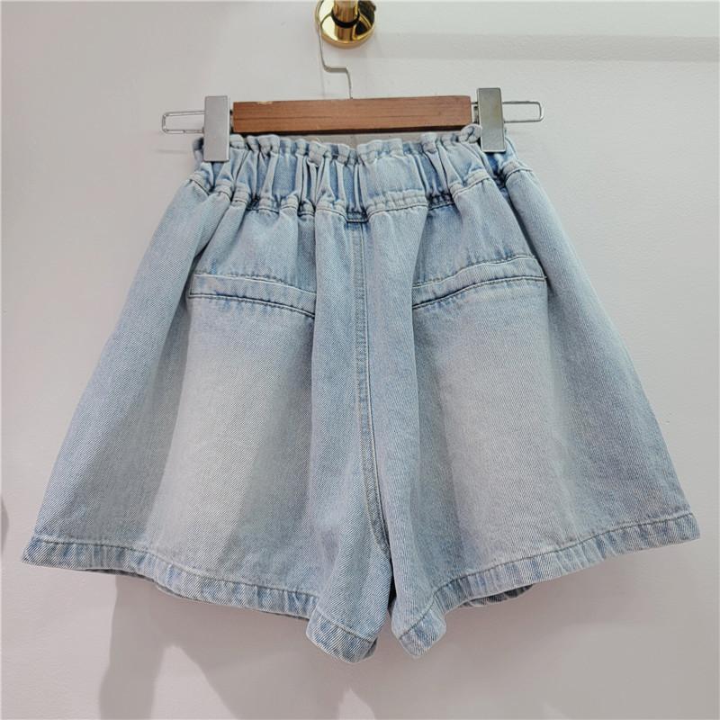 Damen Shorts Jeans Weiter Bein Kurze Hosen Elastischer Bund Knopf Diamanten Vintage Gewaschen Used Sommer Streetwear Denims