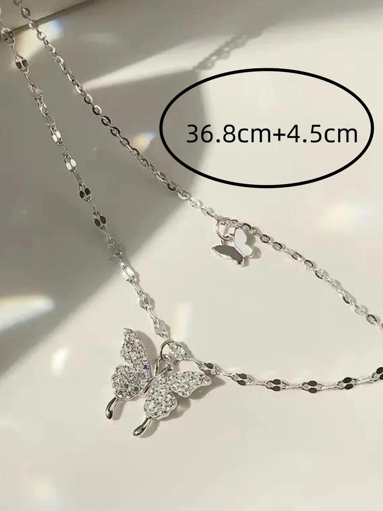 Double Layer Butterfly Necklace for Women, Lats Sparkling Collar Chain, Exquisite Jewelry, Banquet Party, Holiday Gift, 1