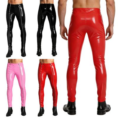 Men Glossy Patent Leather Front Zip Trousers High Waist Wet Look Leggings for Rave Party Club Stage Performance