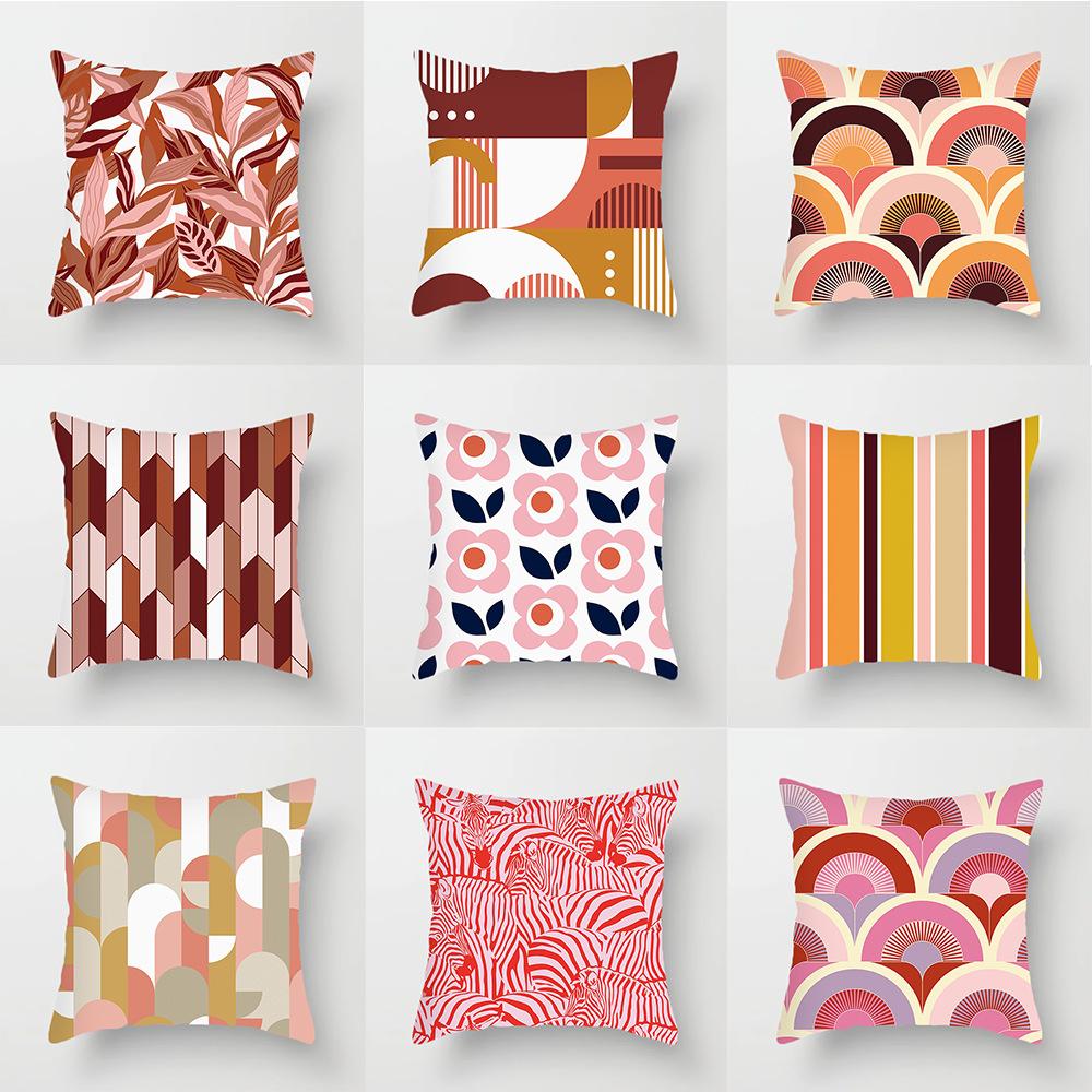 Nordic Pink Geometric Cushion Cover Home Decor Sofa Pillowcase Floral Print Soft Peach Skin Pillowcase