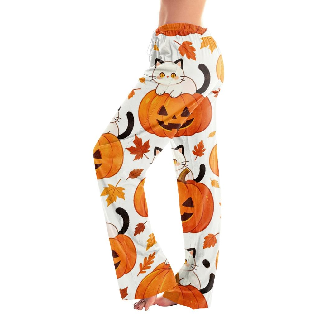 Dámské pyžamové kalhoty s halloweenským potiskem a stahovací šňůrkou - Měkké ležérní kalhoty na spaní se zábavným potiskem, Pohodlní spodní díl pro ženy, Volný střih