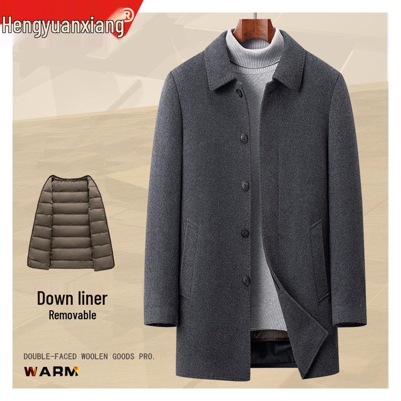 Hengyuanxiang Herren Quadratischer Kragen Mittellanger Wollmantel mit Abnehmbarem Daunenfutter - 2025 Herbst/Winter Warmer Windbreaker