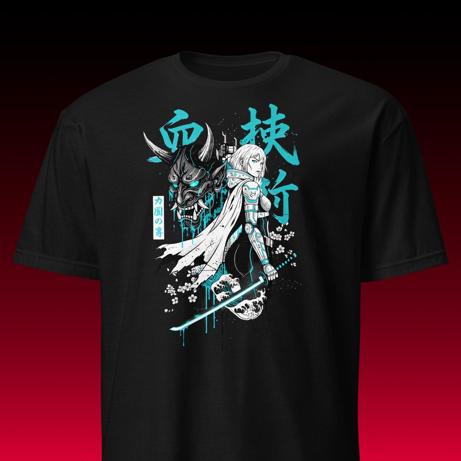 Cyberpunk Anime Graphic Tee | Glitch Oni Mask | Future Techwear Aesthetic 2XL