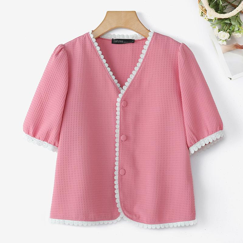 ZANZEA Women Casual Lace Splice V-Neck Summer Half Sleeve Blouse