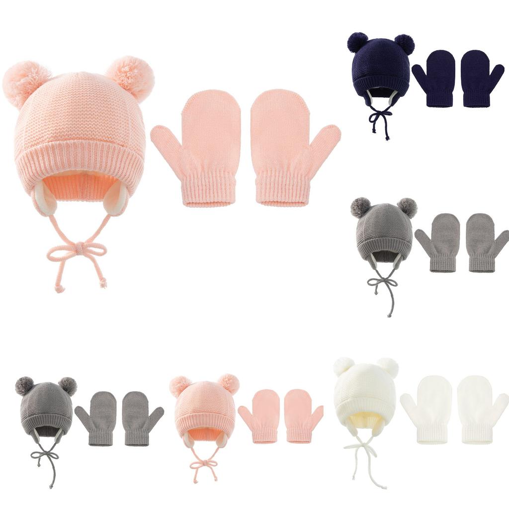 For Nyfødt Tykk Varm Jente Gutt Luer Spedbarn Strikket Duskelue Babyhatt Vinter Ørebeskyttelse Hansker