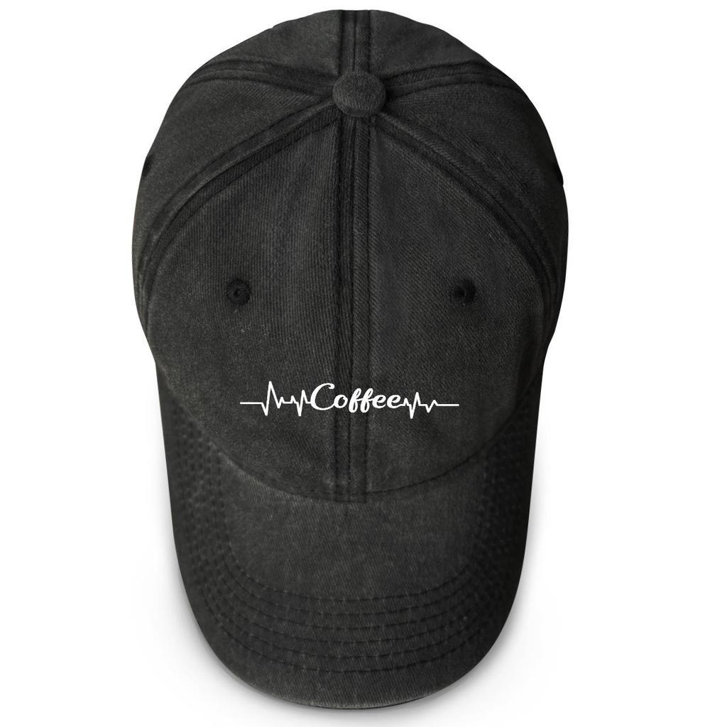 Coffee" Heartbeat Print Snapback Sun Hat, White Text Trucker Hat Sporting Curved Brim Sun Protection Washed Adjustable Baseball Cap