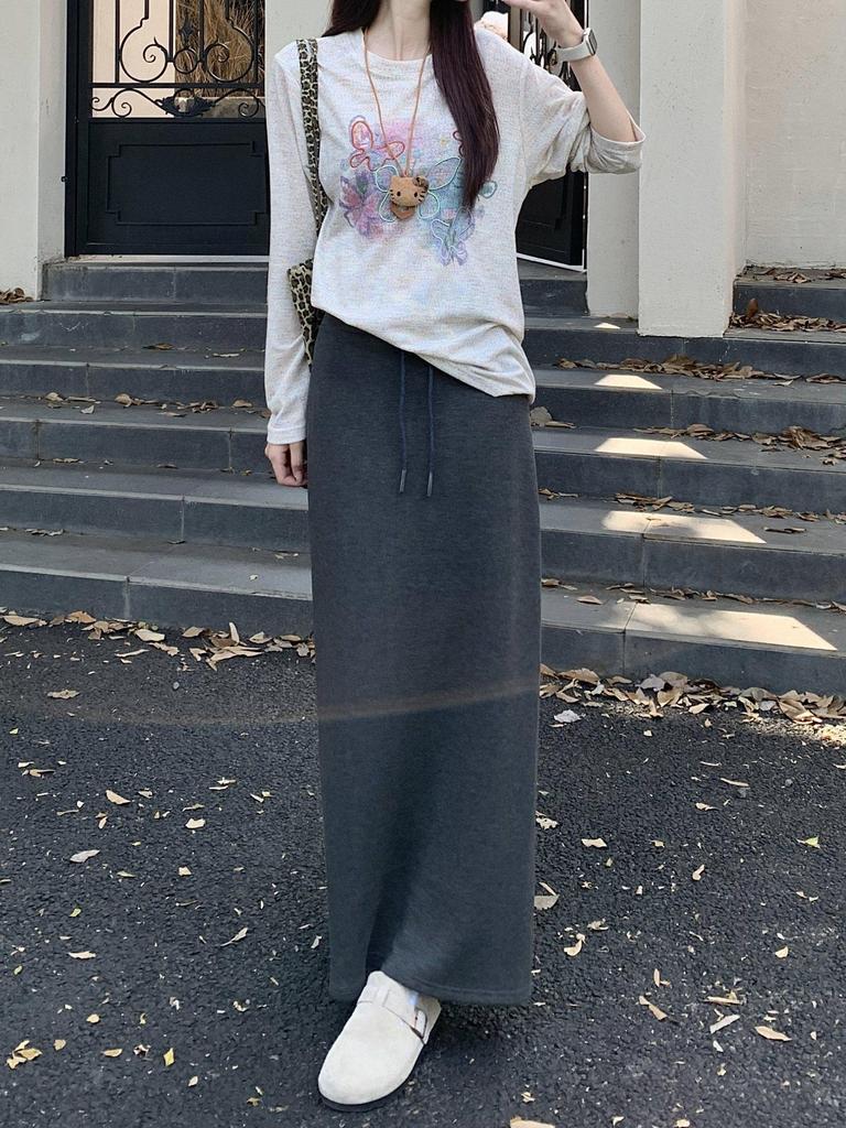 Retro Grauer Schnür-Schlankheits-Halbrock für Damen - Elastischer Bund, Gerader Schnitt, Hüftbetontes Design, Perfekt für den frühen Herbst 2025.