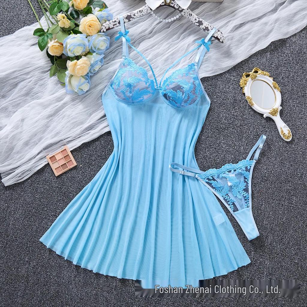 Multi-Color Bow Wheat Ear Embroidered Deep V See-Through Lingerie Set with T-Back