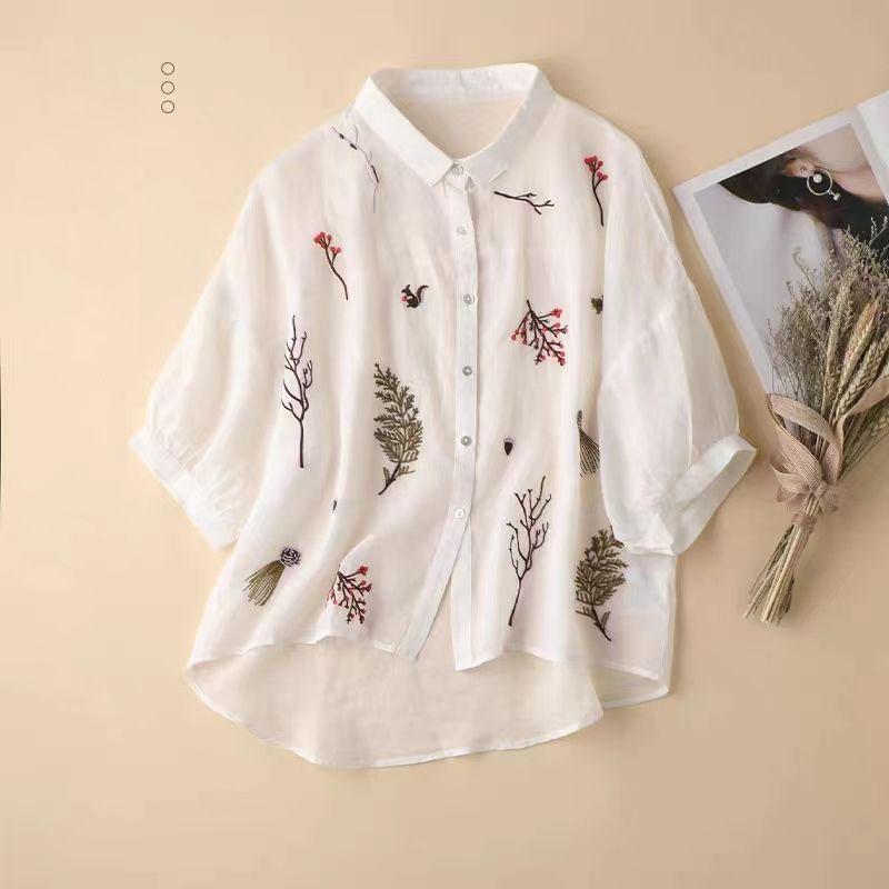 Summer Seven Point Cotton Linen Embroidered Shirt for Women 2026 New Literary Loose Temperament Lapel Casual Top for Women