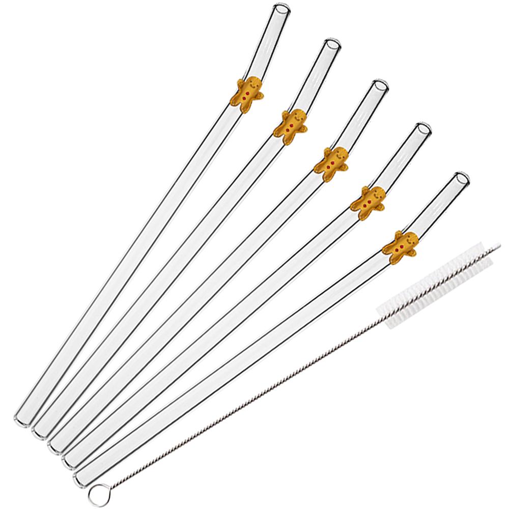 6Pcs/Set Christmas Design Reusable Straws Glass Straws with Cleaning Brush for Smoothies Milkshakes Juices Bar Accessories Set