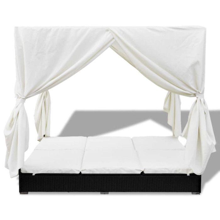 Chaise longue extérieur avec rideaux - Noir - 197 x 140 x 180 cm