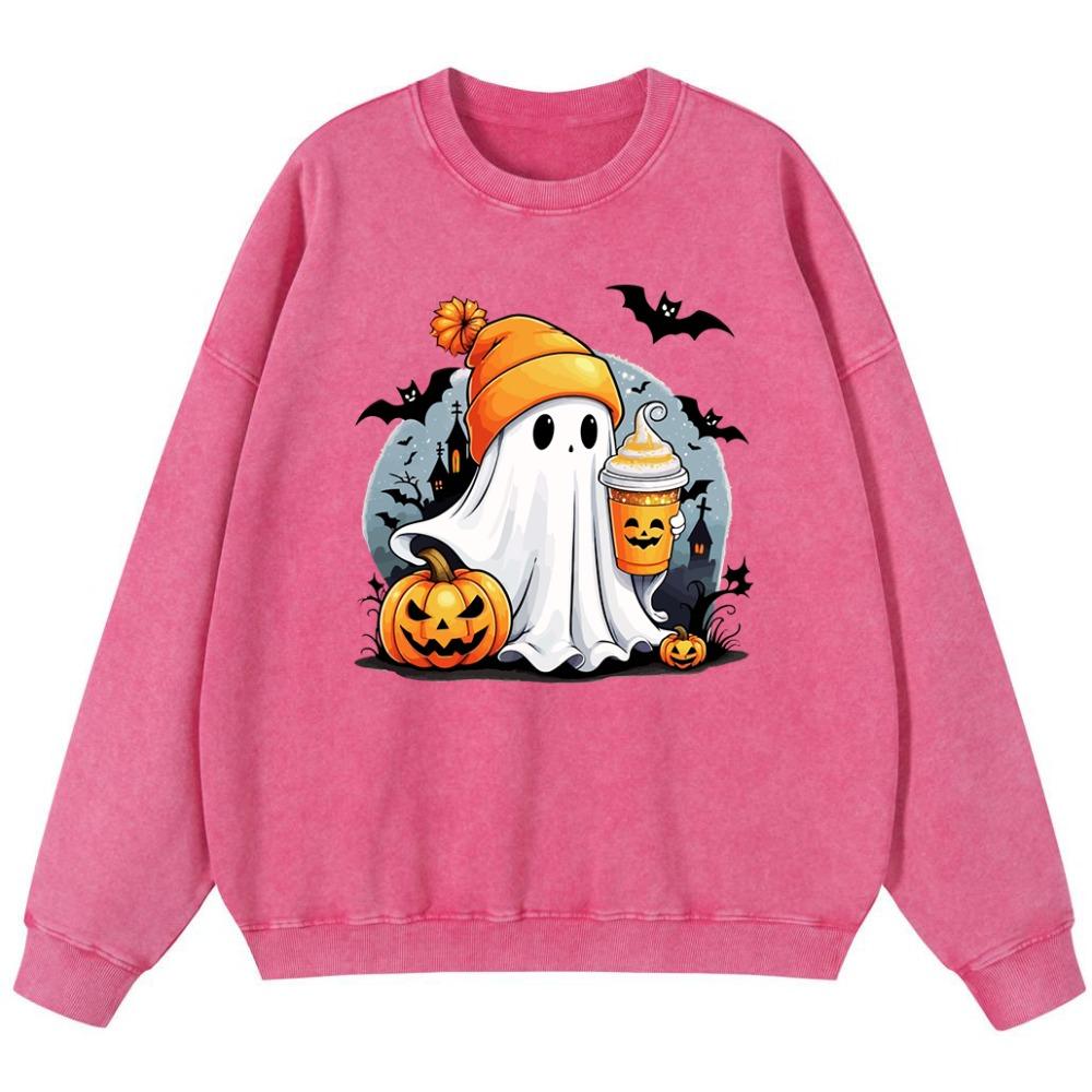Halloween Ghosts And Pumpkins Girl Vintage Washed Cotton Sweatshirt Simple Pullover Thin Style Loose Hipster Fleece