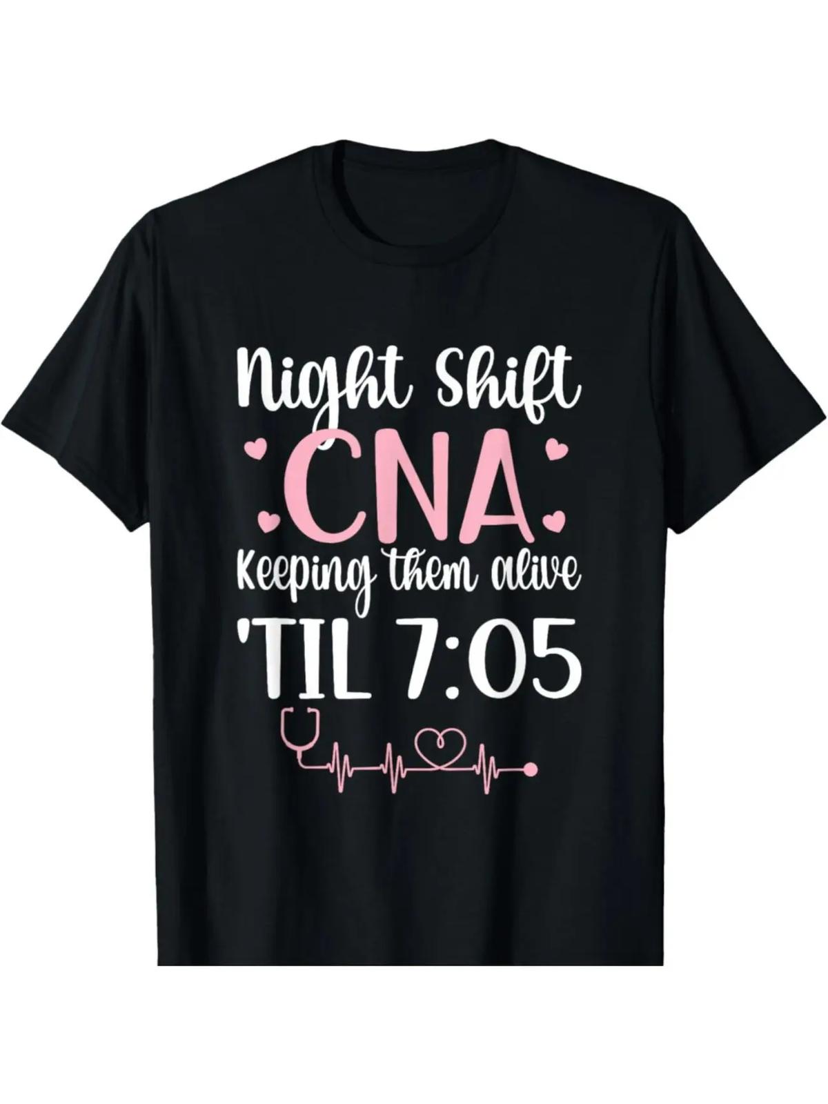 Cotton Unisex Night Shift CNA Graphic T-Shirt | Casual Crew Neck Tee with L