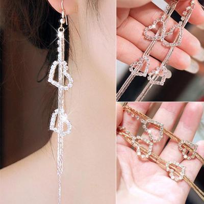 Lady Rhinestone Double Love Heart Drop Long Tassels Chain Dangle Linear Earrings
