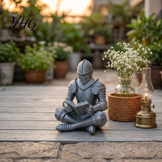Creative Reading Knight Figure 3D Printed Armored Figurine, Sitting Sculpture, Unique Bookcase Decor Retro Statue for Bookshelf and Office Desktop