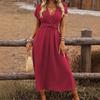 2026 European and American women's summer solid color waist V-neck bat sleeve waist pleated long elegant dress women's clothing