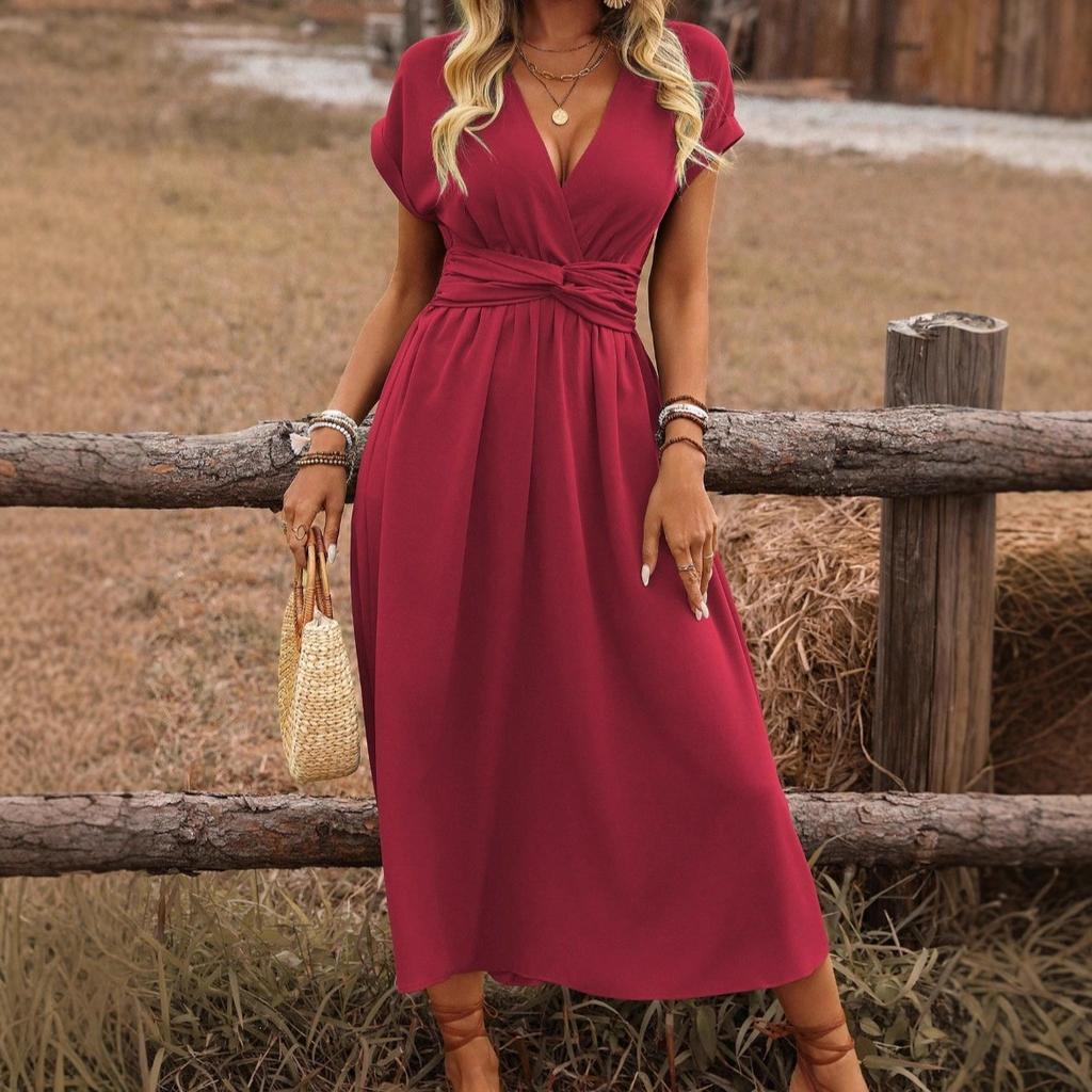 2026 European and American women's summer solid color waist V-neck bat sleeve waist pleated long elegant dress women's clothing