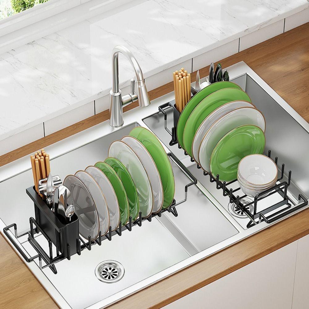Extendable Bottom Tray Counter Dish Drying Rack Space-Saving Kitchen Tableware Organizer Spoon