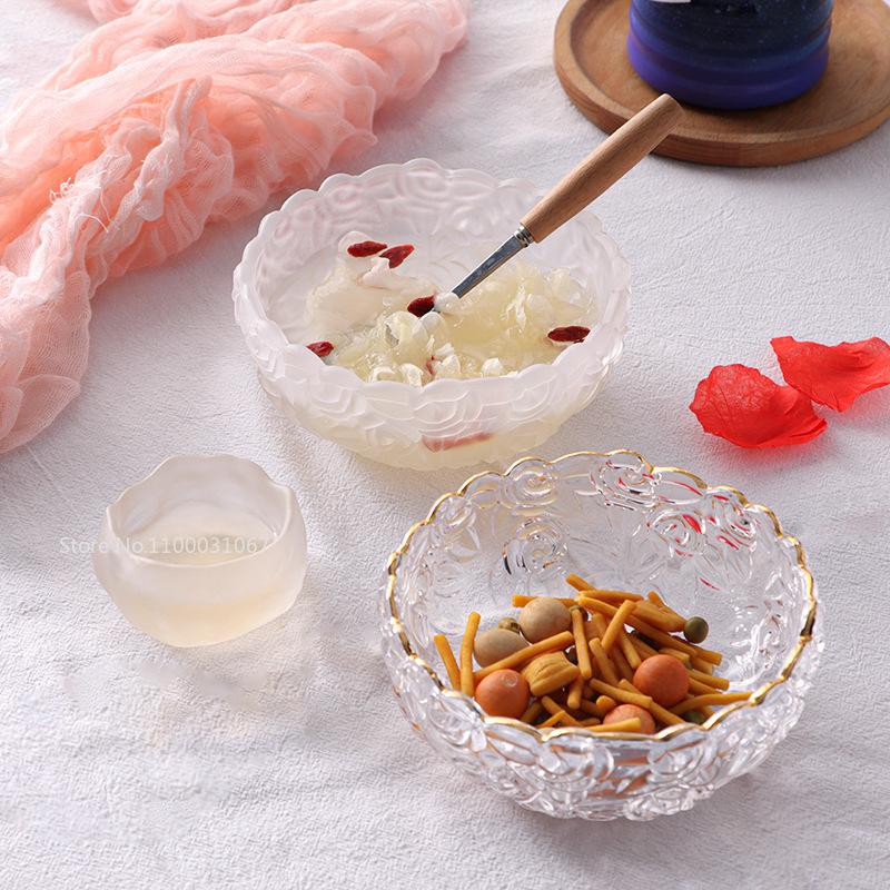 Vintage Engraving Transparent Glass Salad Bowl Golden Edge Dessert Fruit Oatmeal Bowl Kitchen Soup Noodle Bowl Relief Craft