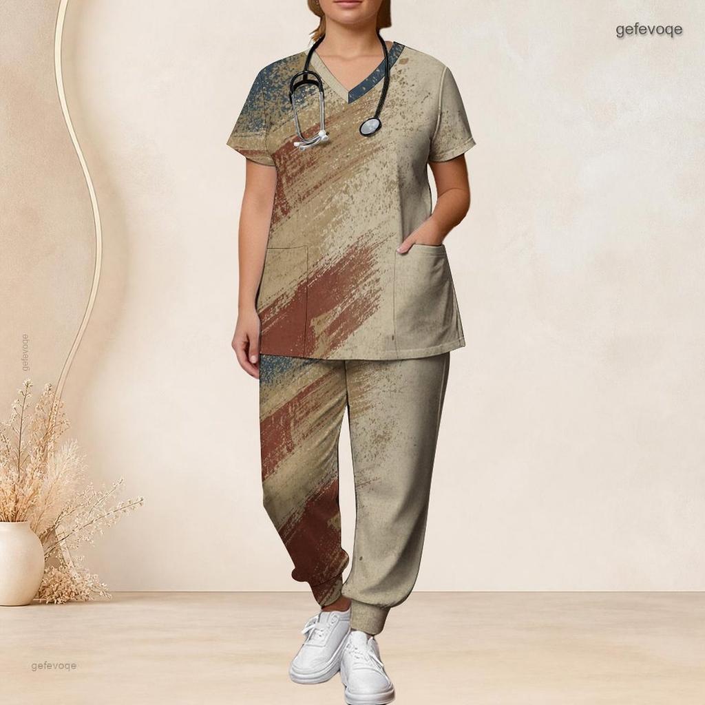 Women Plus Size Heart Balloon Print Scrub Set Short Sleeve V Neck Top And Wide Long Pants Medical Work Suit