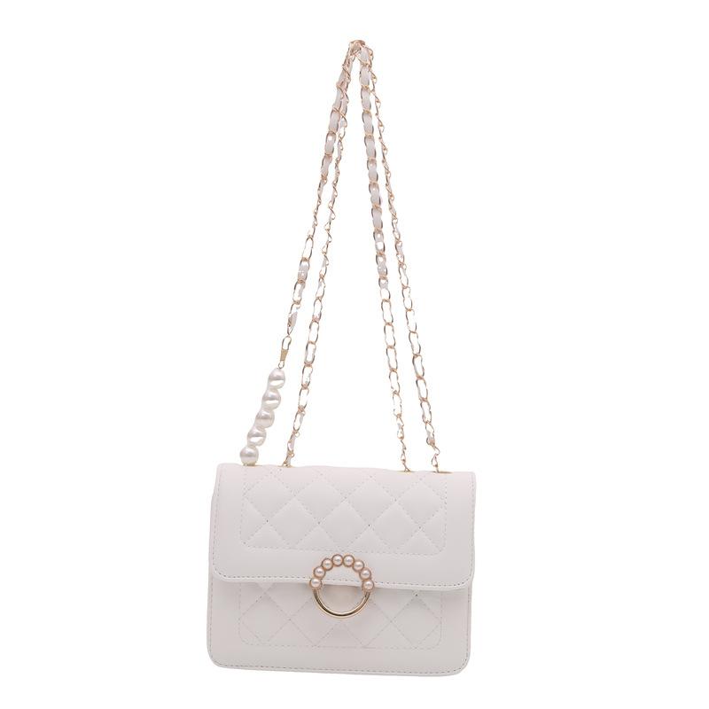Women Korean Style Plaid Chain Pearl Small Square Shoulder Crossbody Bag